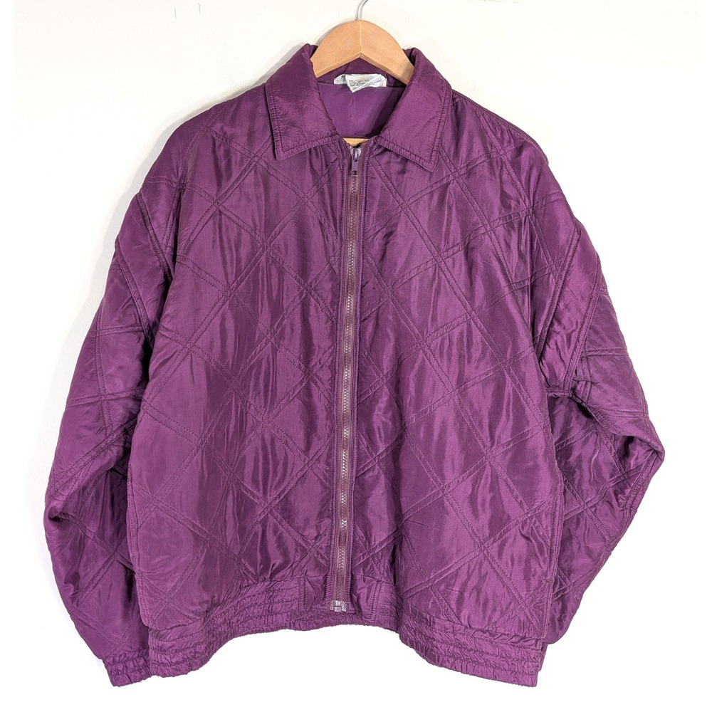 Silk Exchange Purple Quilted Bomber Jacket; Vintage 100% Silk Full Zip Coat
